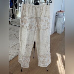 Zara Cream Embroidered Eyelet Wide-Leg Pants
